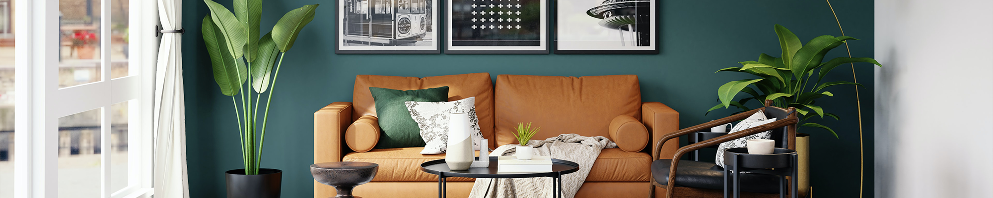 brown leather couch in living room with green walls from C G Interiors in San Leandro, CA